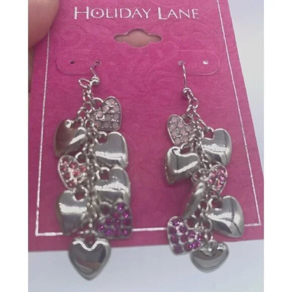Holiday Lane Silver-tone Pave Rhinestone Heart Shaky Charm Linear Drop Earrings - Picture 2 of 8